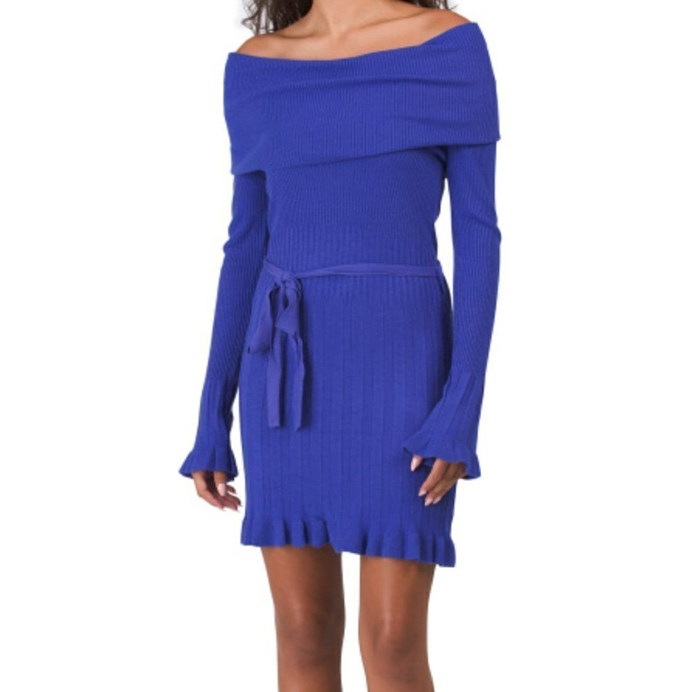NWT VERTIGO Cowl Neck Pleated Skirt Waist Tie Ribbed Knit Mini Dress